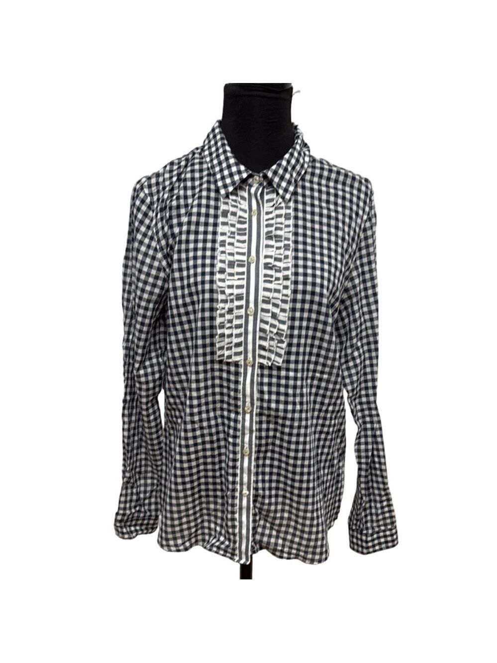 Tommy Hilfiger Womens XL Navy White Gingham Button Front Ruffle Blouse Top